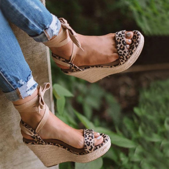 SZ 10 Cheetah Ankle Wrap Espadrille Wedge Sandals - Picture 2 of 8